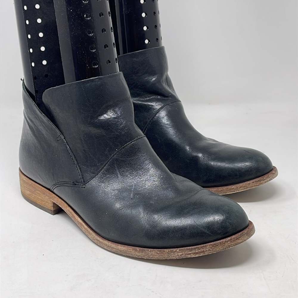 Kork-Ease Black Leather Ankle Boot with Natural Wood-Tone Heel
